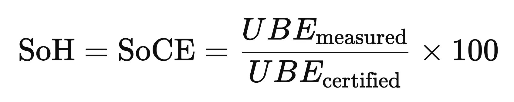 Formula: state of health equals state of certified energy, that is measured usable battery energy divided by certified usable battery energy, times 100.