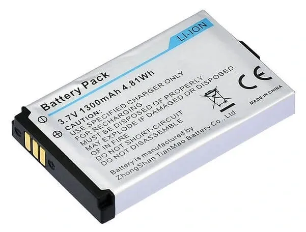 A flat lithium-ion battery pack labelled 3.7 V, 1300 mAh, 4.81 Wh, of the kind used in small devices.